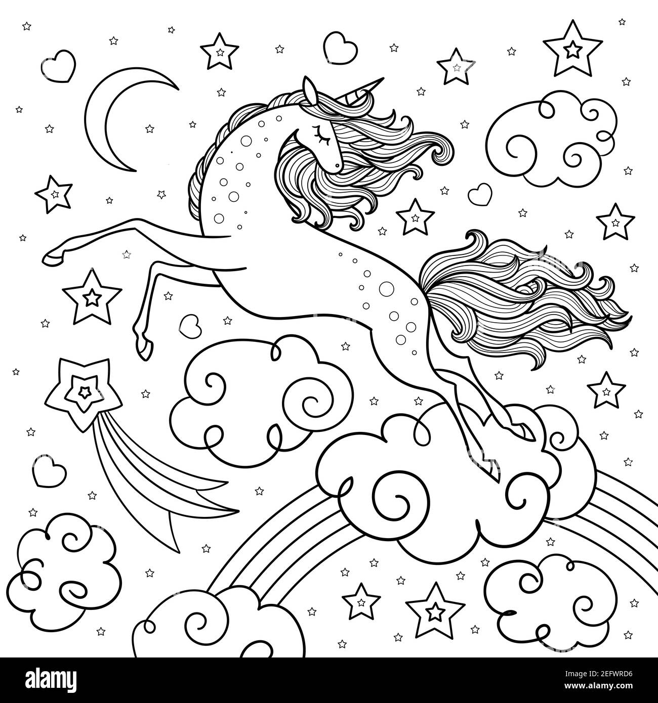 Une belle licorne parmi les étoiles, les nuages. Image linéaire noir et blanc. Vecteur Illustration de Vecteur