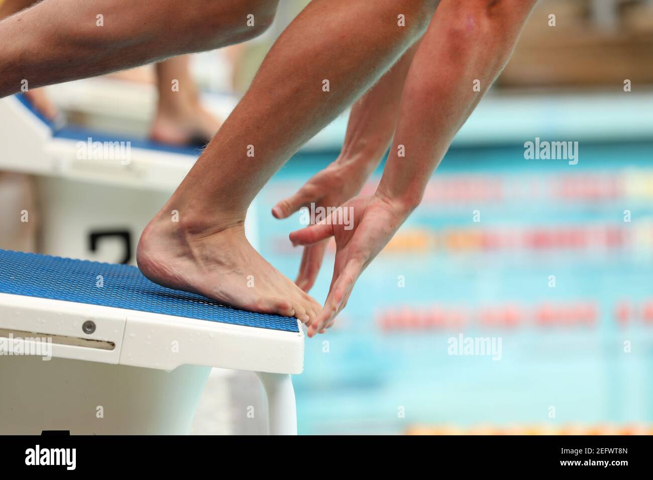 Une vue rapprochée des pieds et des mains d'un nageur sur les blocs de départ au moment exact du début d'une course. Mise au point du pied, faible flou de mouvement Banque D'Images