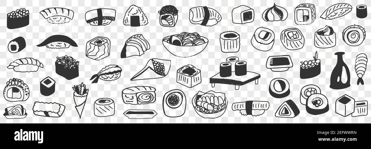 Ensemble d'aliments traditionnels japonais. Collection de petits pains de sushis japonais asiatiques dessinés à la main poisson sauce soja nouilles de riz aux crevettes gunkan servies dans des restaurants isolés sur fond transparent Illustration de Vecteur
