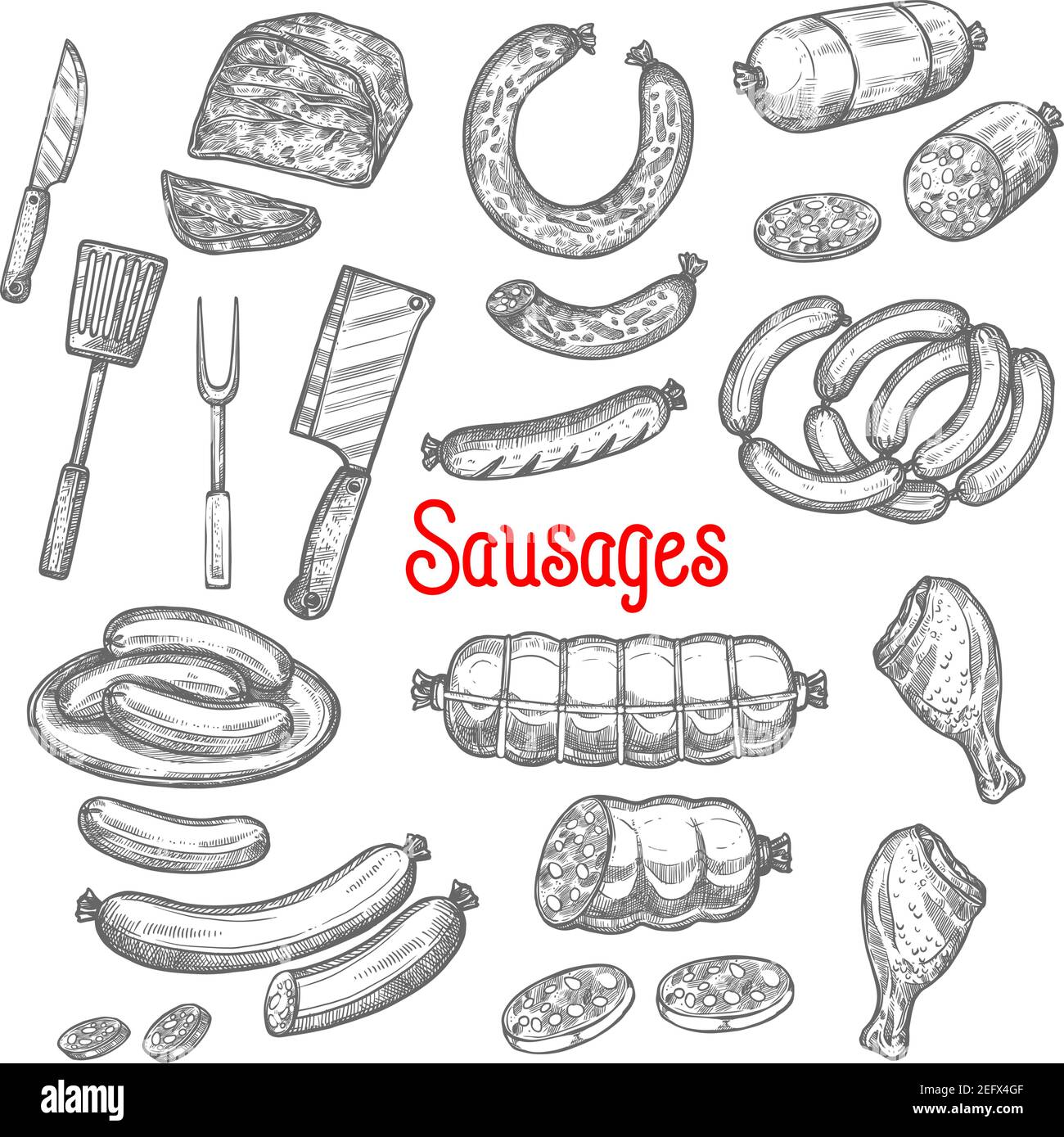 La viande et les saucisses sont des icônes de dessin de charcuterie. Bouquet de saucisses, de saucisses de cervelat ou de salami, de saucisses de curry ou de tranches de bacon biologique Illustration de Vecteur
