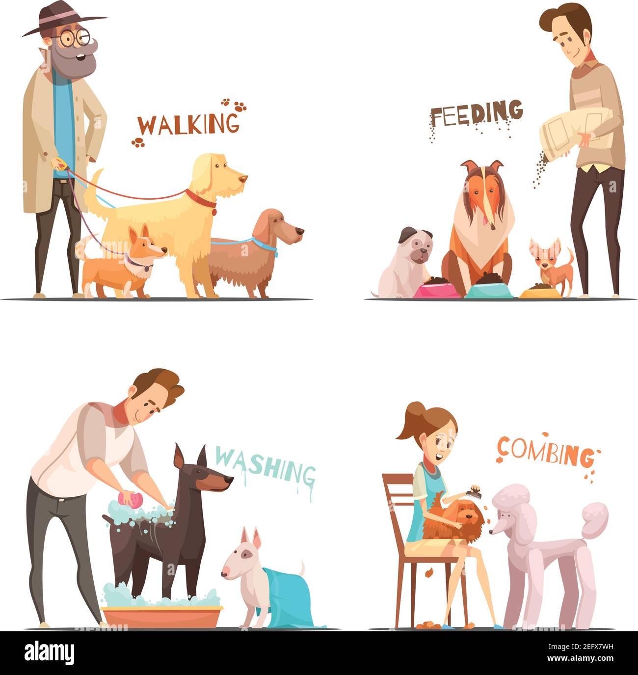 Icônes de concept de chien avec dessin animé des symboles de marche et de lavage illustration vectorielle isolée Illustration de Vecteur