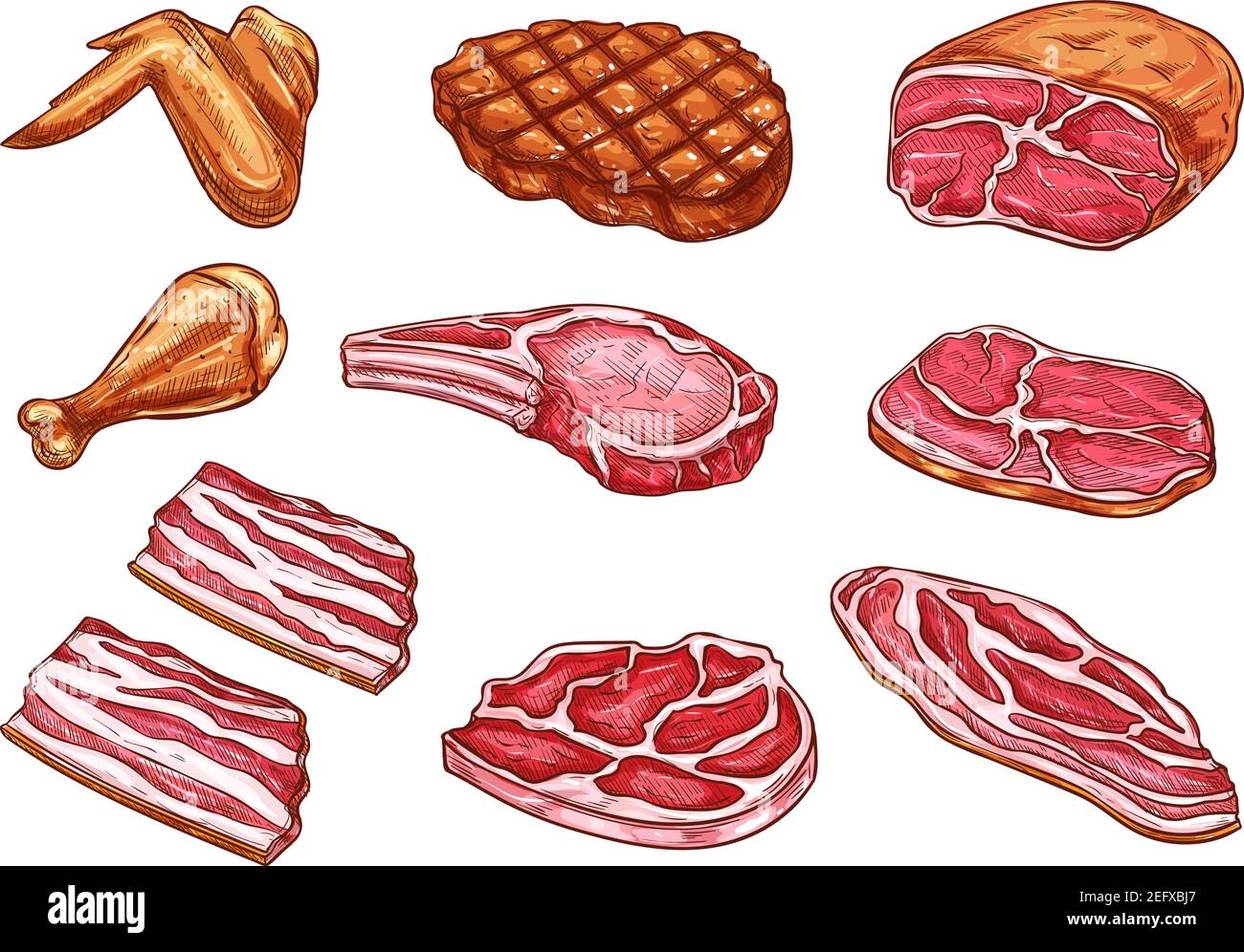 La viande de boucherie et la charcuterie sont des icônes de couleur. Ensemble vectoriel isolé de beefsteak grill ou barbecue de porc braket et de poulet de jambe ou d'aile, fi de bœuf gourmet Illustration de Vecteur