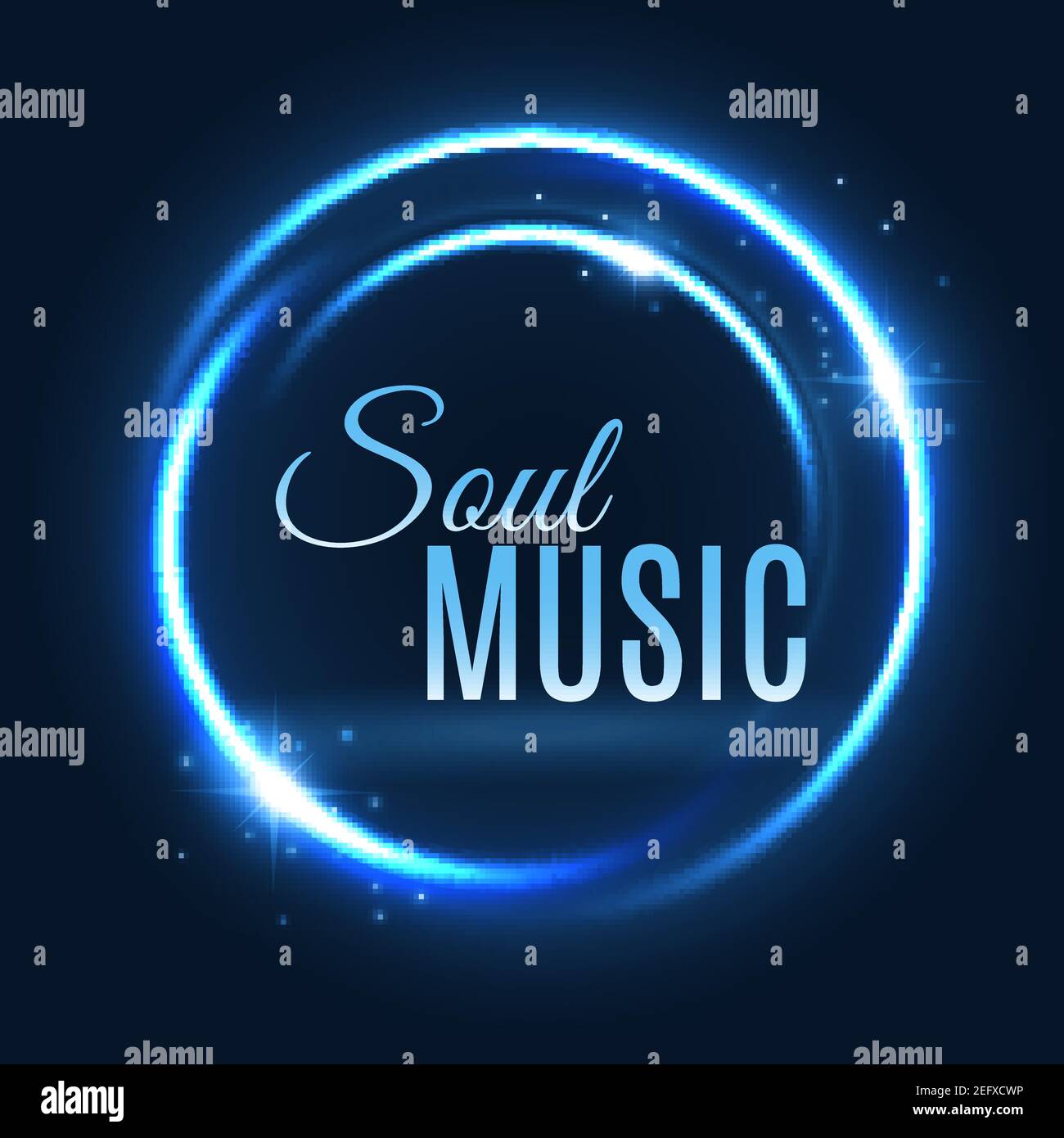 Un cercle lumineux au néon avec une affiche étincelant pour un concert de musique soul ou un modèle de couverture de CD. Éclat vectoriel avec des particules d'étincelles de bleu Illustration de Vecteur