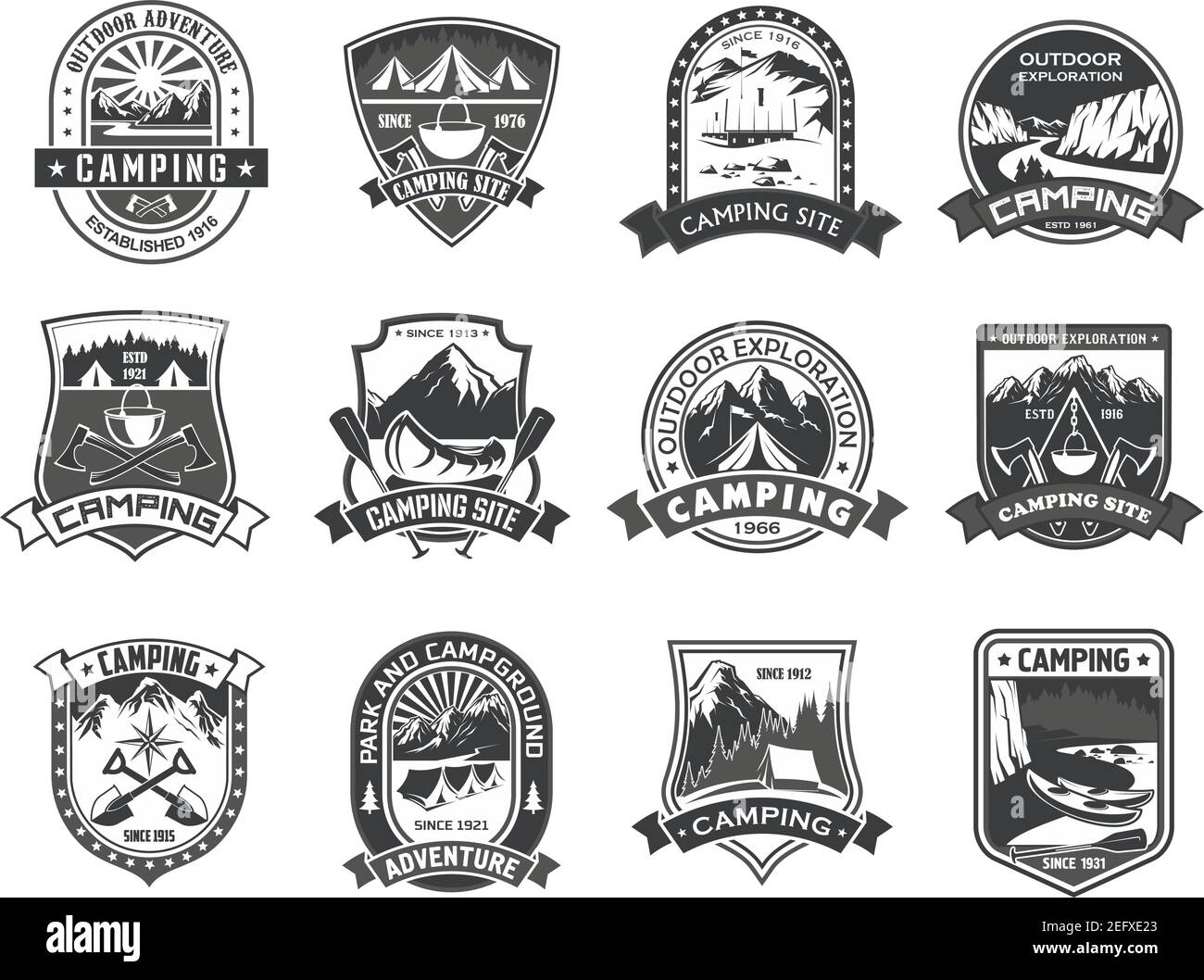 Camping ou camp de montagne modèles d'icônes d'aventure pour l'alpinisme ou la randonnée et le club d'exploration de la nature. Badges isolés vectoriels de roches alpines Illustration de Vecteur