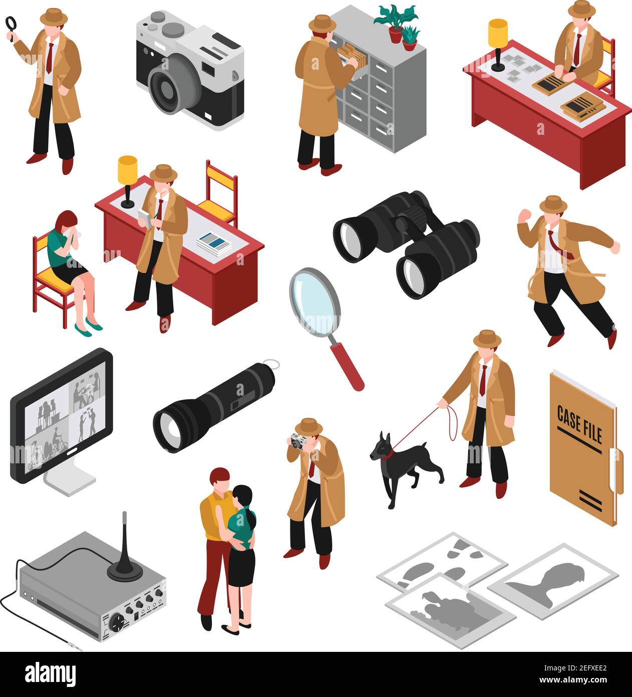 Ensemble isométrique détective avec client, lieu de travail et équipement, recherche avec chien, dossier, photos illustration vectorielle isolée Illustration de Vecteur