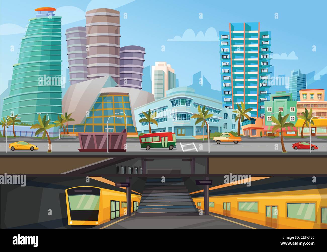 Les monuments du centre-ville de Miami offrent une vue panoramique et des métros illustration vectorielle d'affiche de dessin animé rétro vue avant Illustration de Vecteur