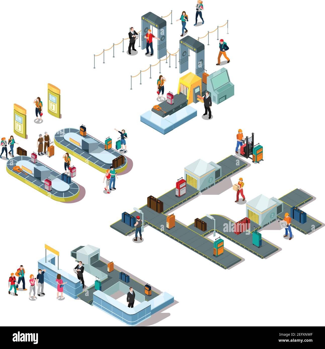 Compositions isométriques de l'aéroport avec les touristes pendant l'enregistrement, près du carrousel de bagages, le personnel triant les bagages illustration vectorielle isolée Illustration de Vecteur