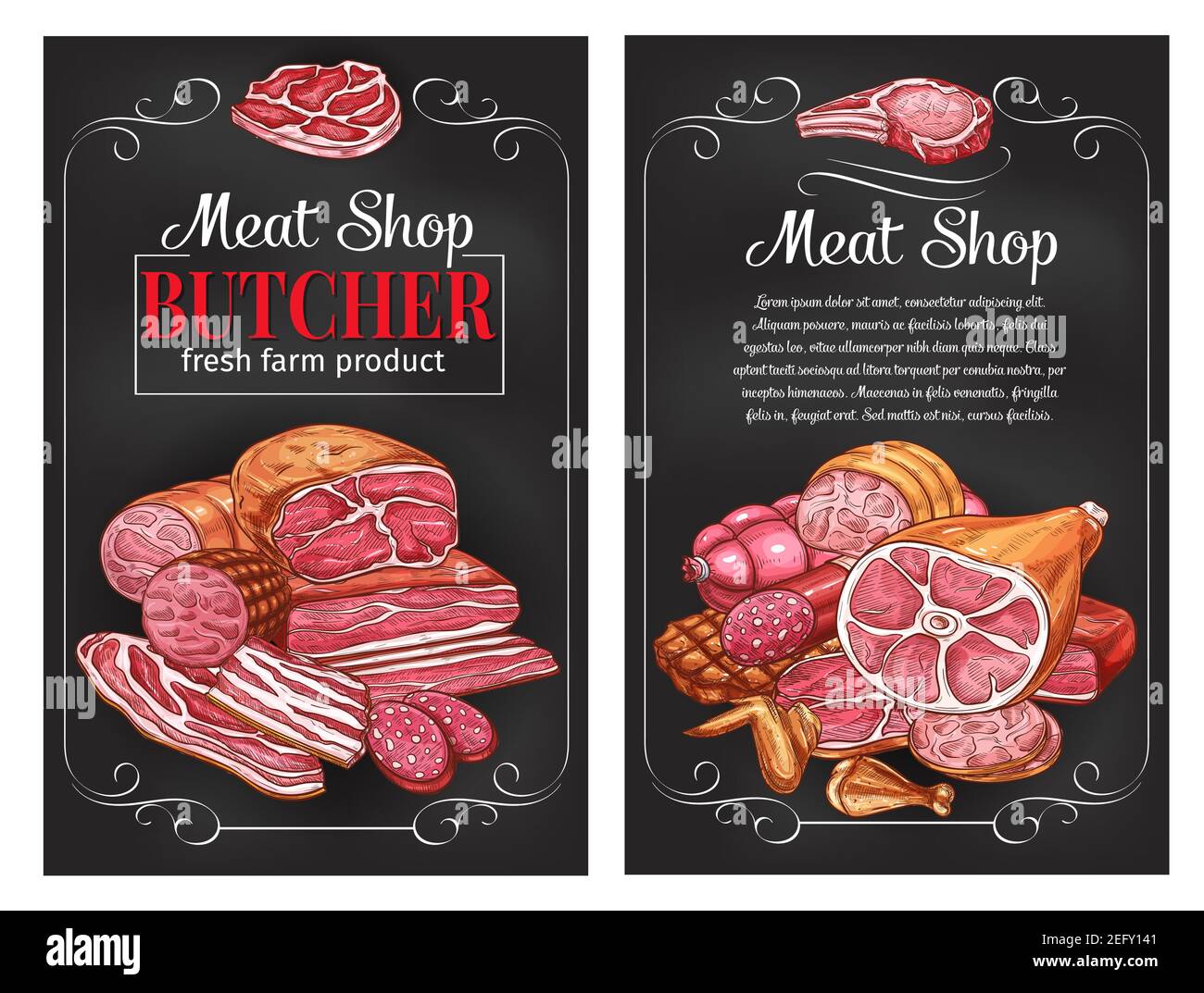 Affiche de dessin de viande de boucherie de viande fraîche, saucisses et épicerie fine gastronomique. Bacon de porc vectoriel ou steak de boeuf et filet de porc, bb barbecue et Illustration de Vecteur