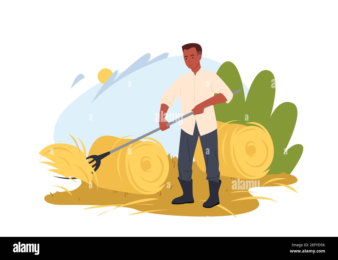 Agriculteur travaillant sur le terrain, ouvrier du village rassemblant le foin avec la fourche dans une botte de foin ronde Illustration de Vecteur