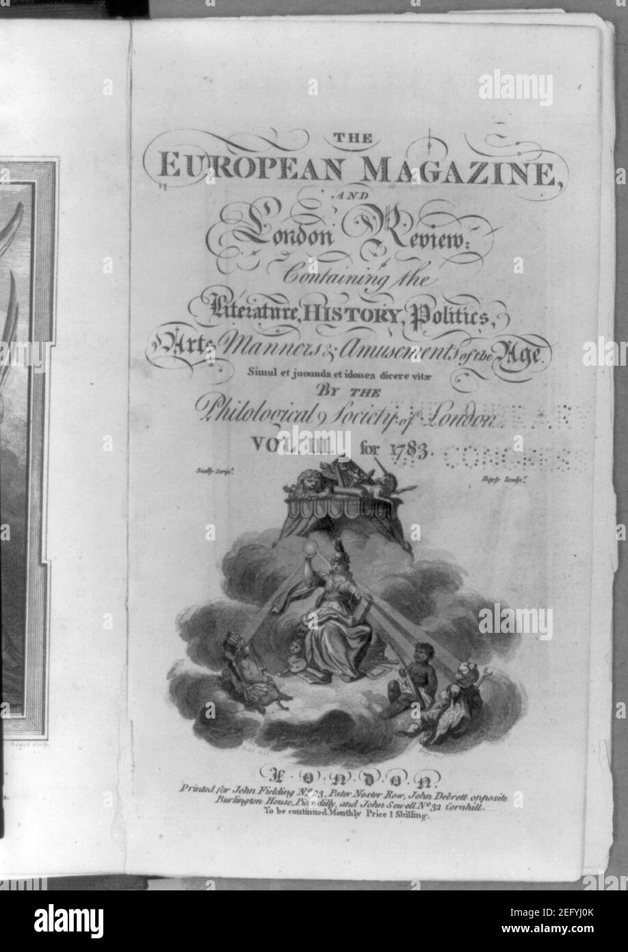 Ornement pour la page de titre du magazine européen montrant la déesse Europe lumière brillante sur trois figures représentant l'Amérique, l'Afrique, et l'Asie) - scénario de Seally. ; chabot Bayly Banque D'Images