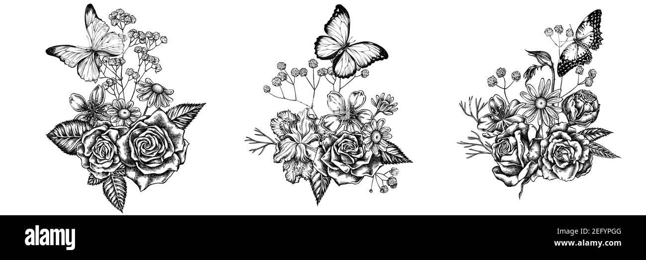 Bouquet de fleurs de japonica noir et blanc iris, gitsophila, camomille, amande, morpho bleu de menelaus, morpho bleu, laçage rouge, roses Illustration de Vecteur