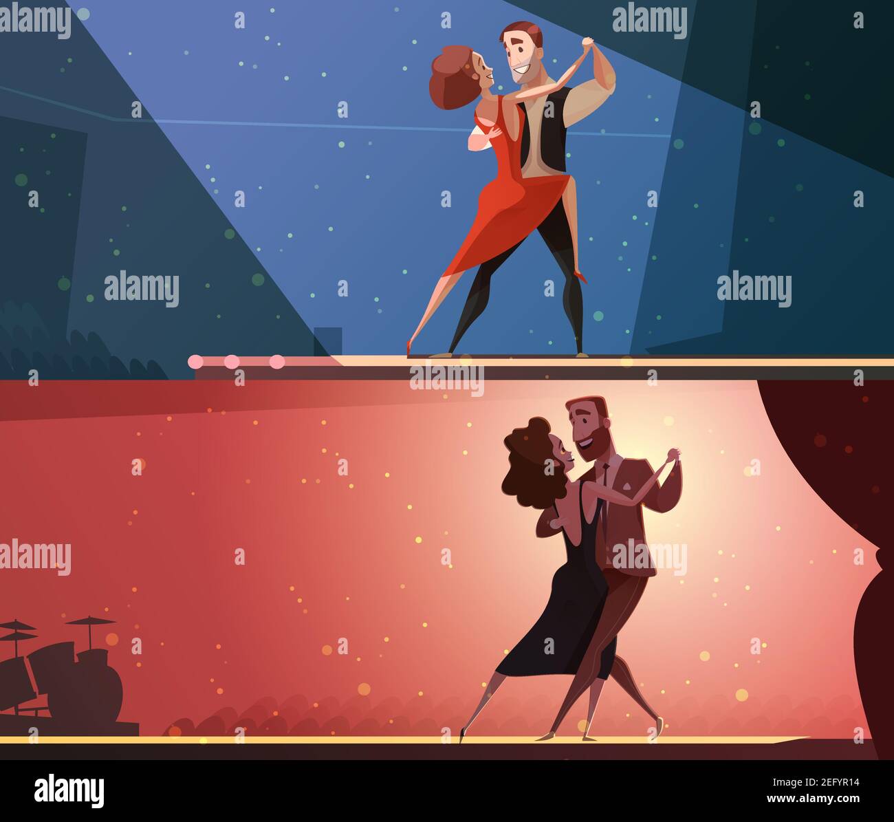 Studio de danse rétro 2 bannières de dessin animé horizontales avec tango et salsa exécutant des paires illustration vectorielle isolée Illustration de Vecteur