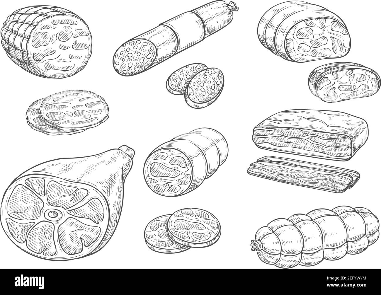 La viande et les saucisses sont des icônes. Vector isolé charcuterie de curry wurst ou salami et pepperoni cervelis, bacon fumé et veau frais sa Illustration de Vecteur