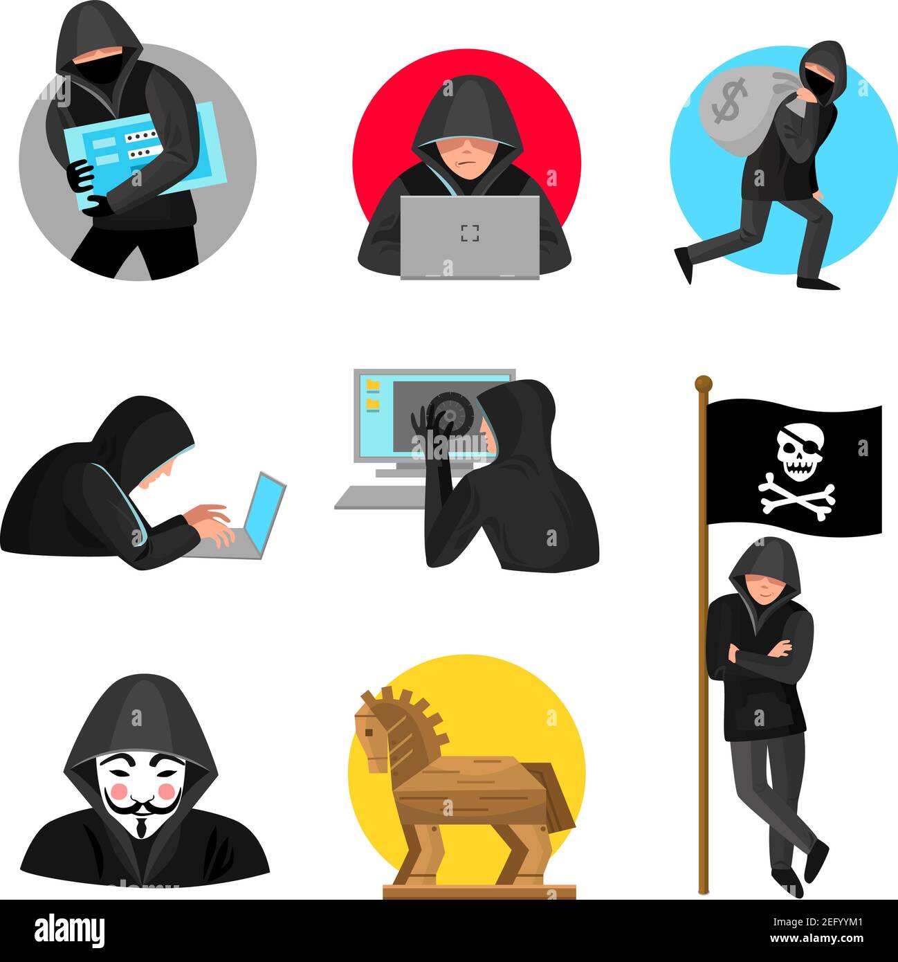 Hackers noir à capuchon figures plate icônes collection avec cheval de troie et l'illustration vectorielle isolée du drapeau jolly roger Illustration de Vecteur