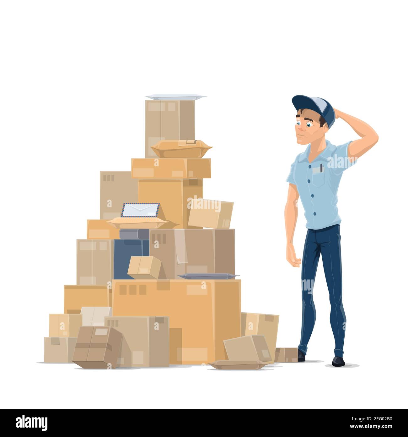 L'icône de livraison de courrier postal de la pile de Postman et de colis pour l'expédition. Conception vectorielle de mailman en uniforme regardant soigneusement les boîtes de courrier et de laisser Illustration de Vecteur