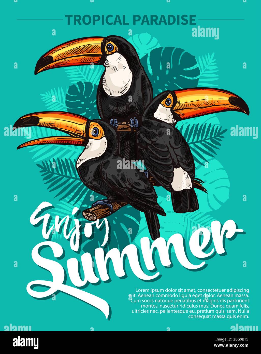 Affiche tropicale en forme d'oiseau toucan exotique et de feuille de palmier. Modèle de dessin botanique vectoriel pour les vacances paradisiaques ou les voyages exotiques de la jungle pal Illustration de Vecteur