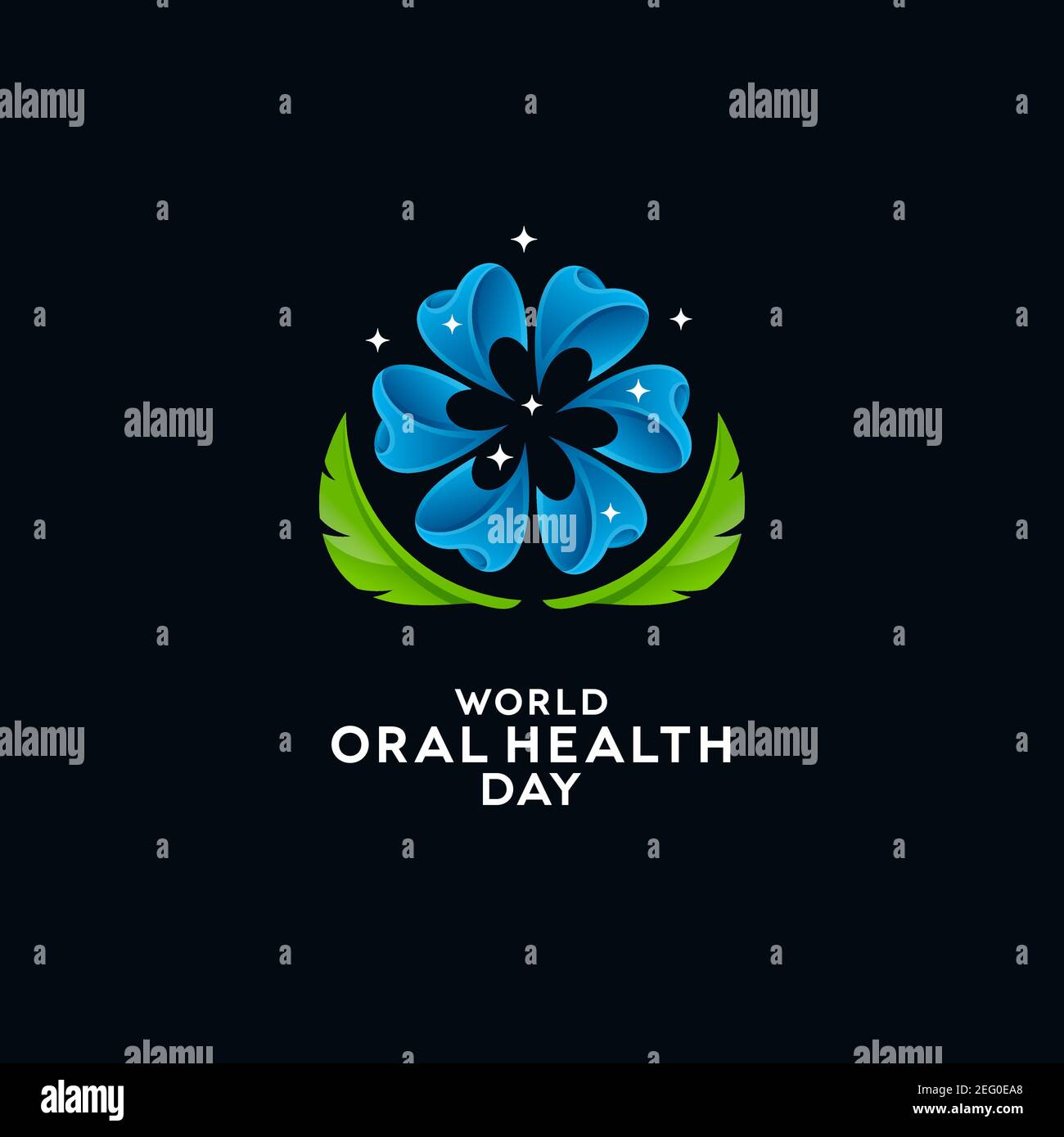 Dents abstraites avec tête de fleur et feuilles sur fond noir. Cartes de vœux et bannières dentaires de la Journée mondiale de la santé bucco-dentaire. Illustration de Vecteur