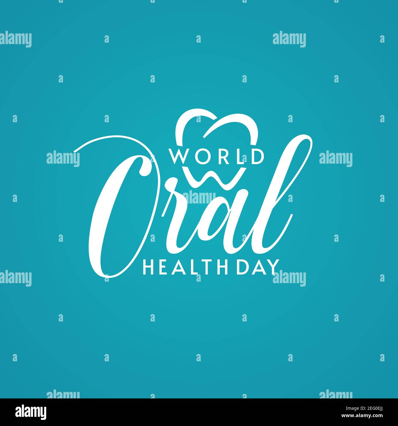 Logo avec lettrage typographique de la Journée mondiale de la Santé bucco-dentaire et forme de coeur sur fond turquoise. Logo dentaire. Illustration de Vecteur