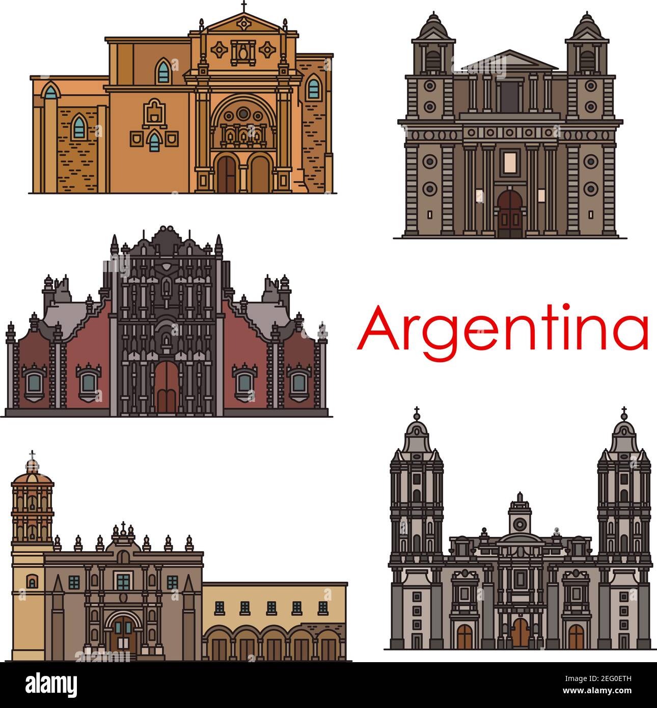 Monuments de l'Argentine et sites touristiques de la ligne d'architecture. Ensemble vectoriel d'églises argenitiniennes et de cathédrales de sanctuaire de Buenos Aires Illustration de Vecteur