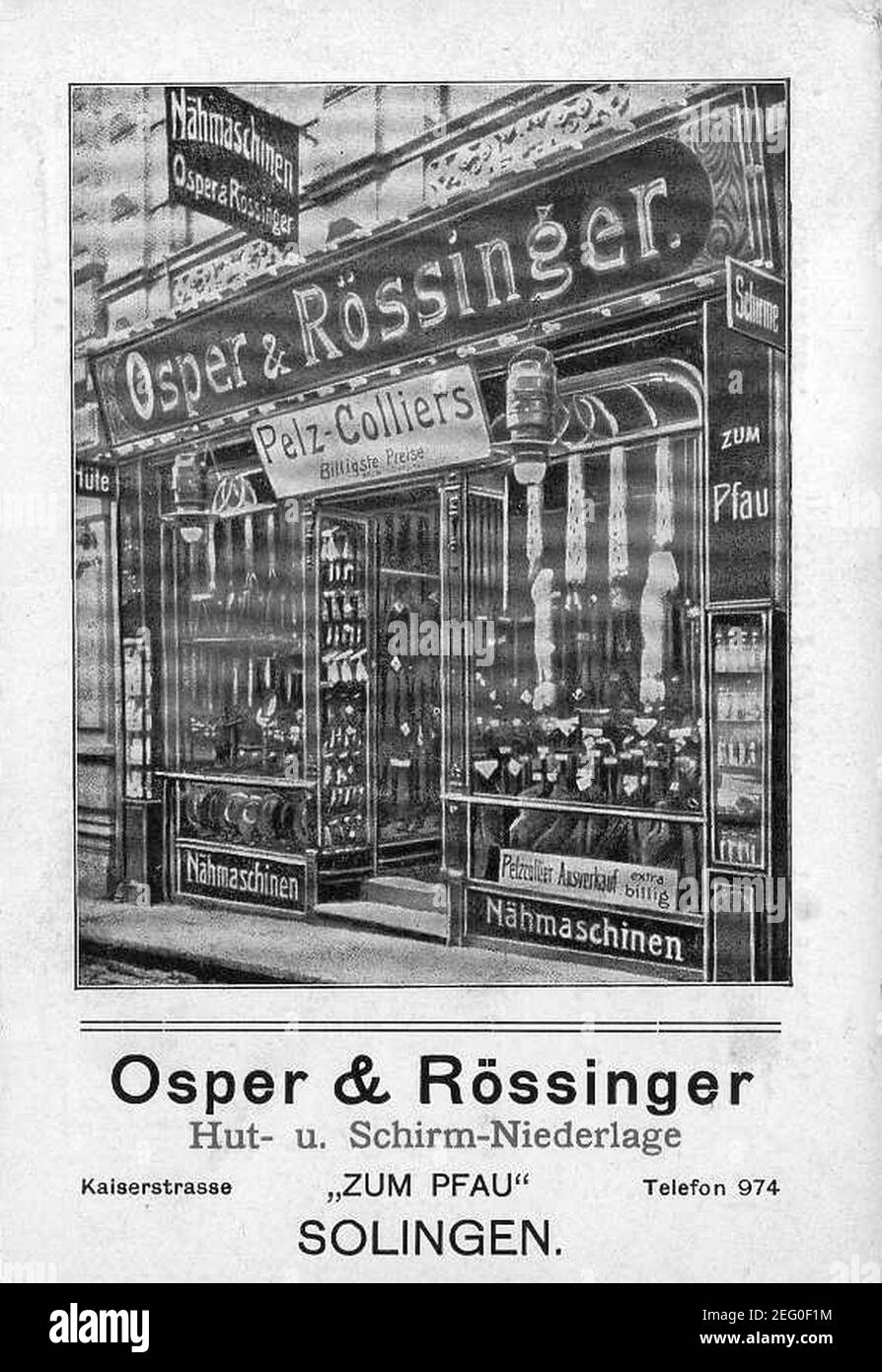 Osper & Rössinger, Hut- und Schirm-Niederlage zum Pfau, Solingen. Banque D'Images