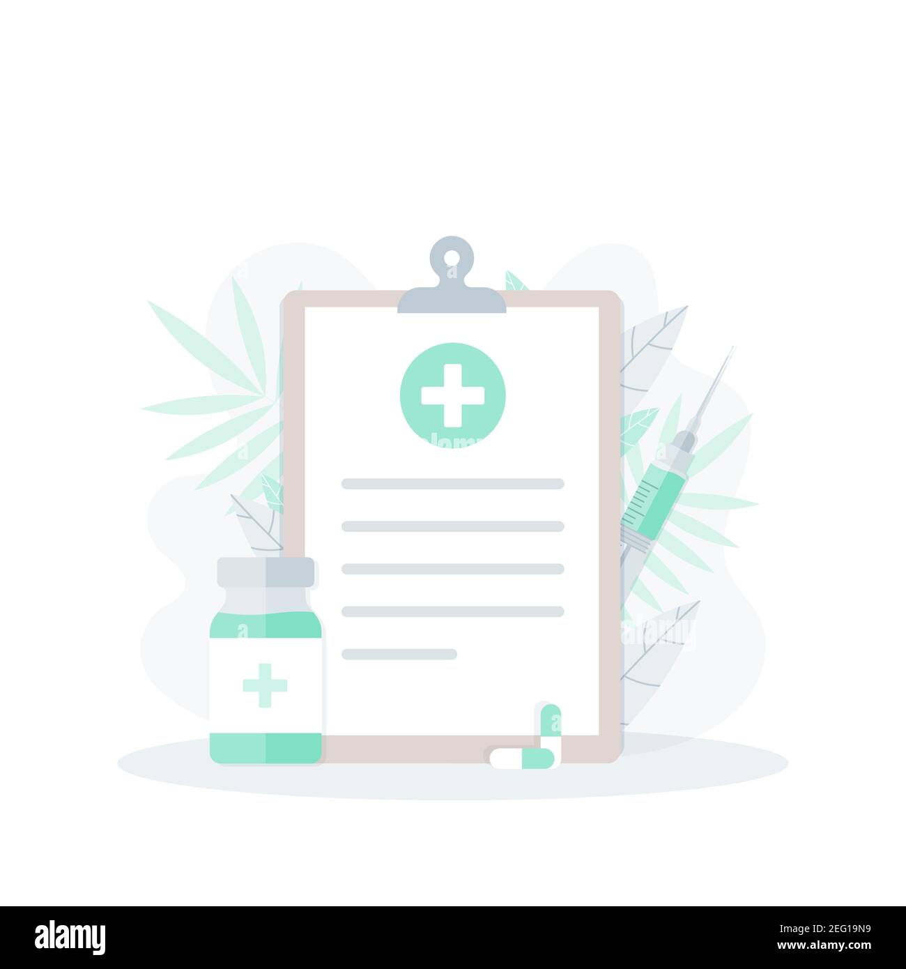 Concept de vaccination, bilan de santé, assurance maladie, histoire médicale. Presse-papiers, illustration vectorielle, conception plate Illustration de Vecteur