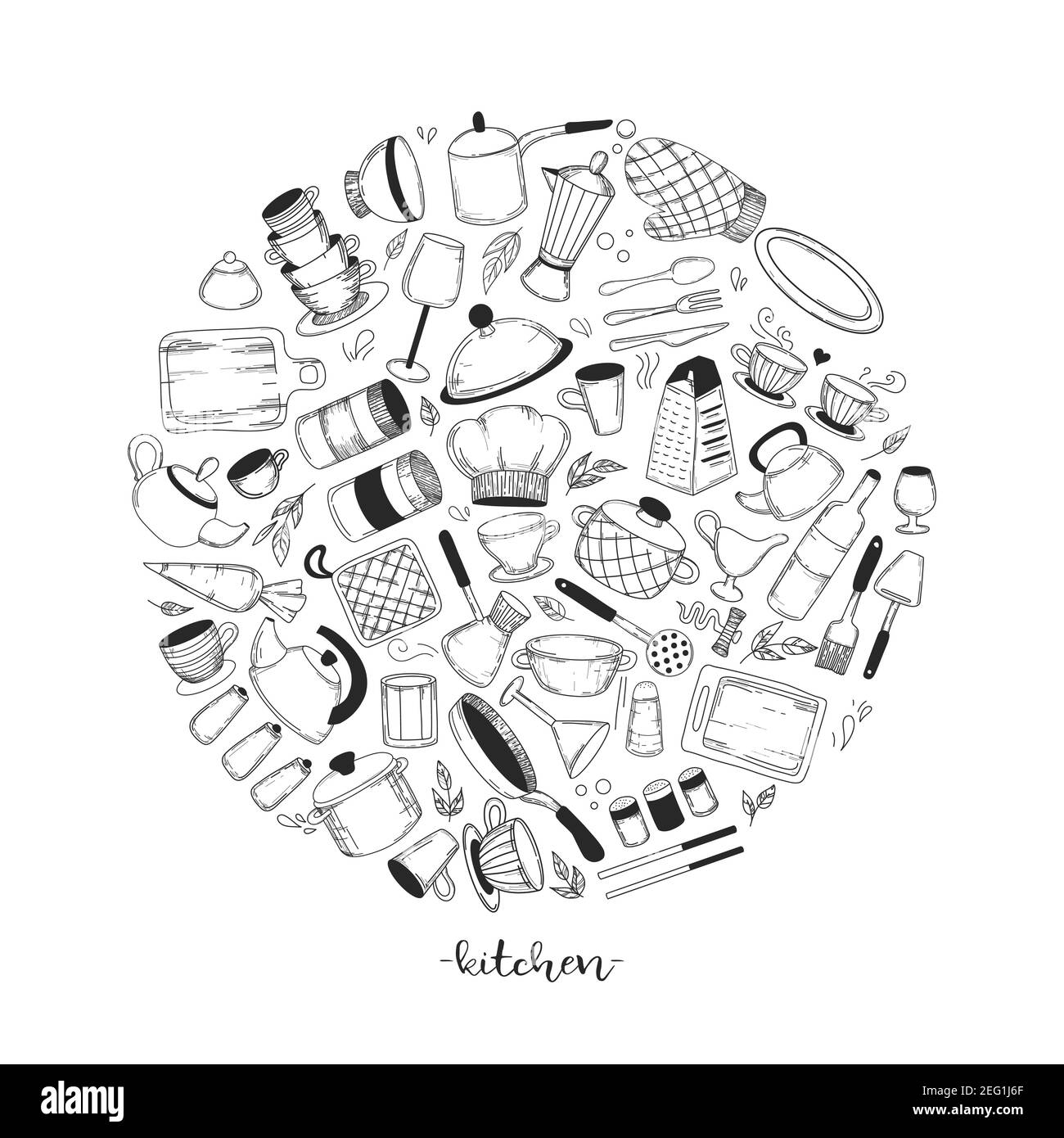 Doodle objets vaisselle. Un ensemble d'ustensiles et d'appareils de cuisine en forme de cercle. Modèle, bannière pour le design sur le thème de la cuisine. Illustration de Vecteur