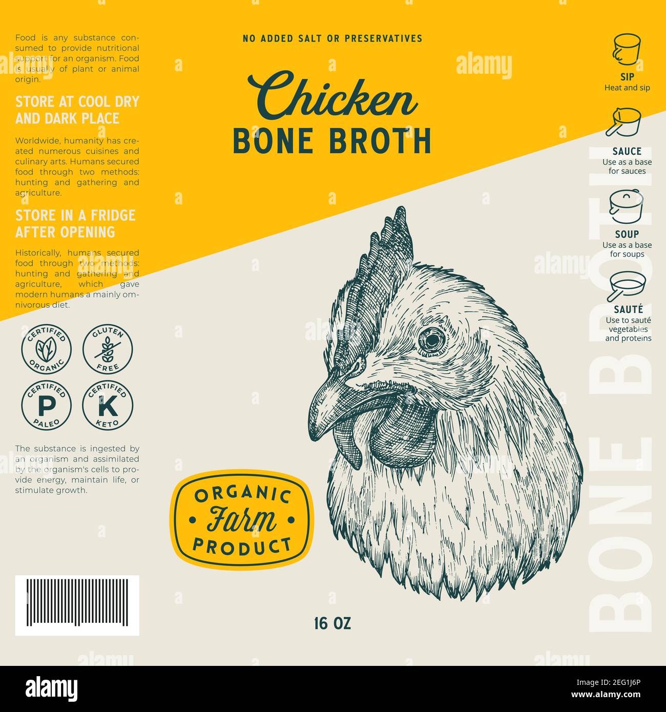 Modèle d'étiquette de bouillon d'os de volaille. Résumé mise en page de