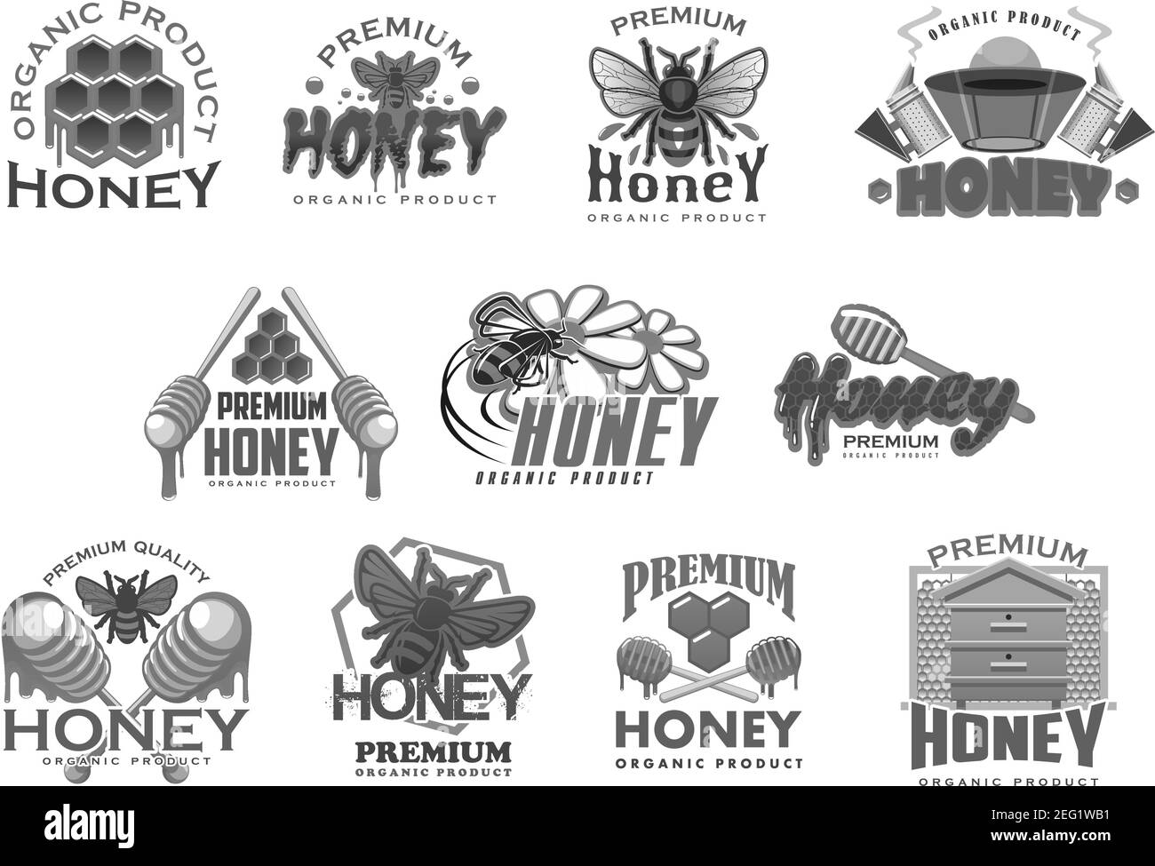 Modèles d'icônes de produits agricoles de apiculture et de miel. Symboles vectoriels isolés de nid d'abeille, gouttes de miel et cuillère à soupe pour l'apiculture pot de produit p Illustration de Vecteur