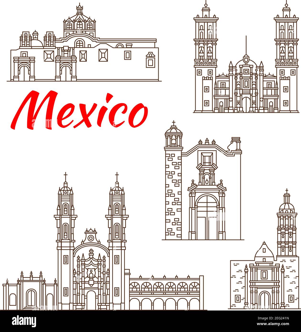 Un monument de voyage de l'architecture mexicaine icône de ligne mince. Cathédrale catholique romaine de Puebla, église d'Ocotlan et cathédrale Santa Rosa, chapelle des Ros Illustration de Vecteur