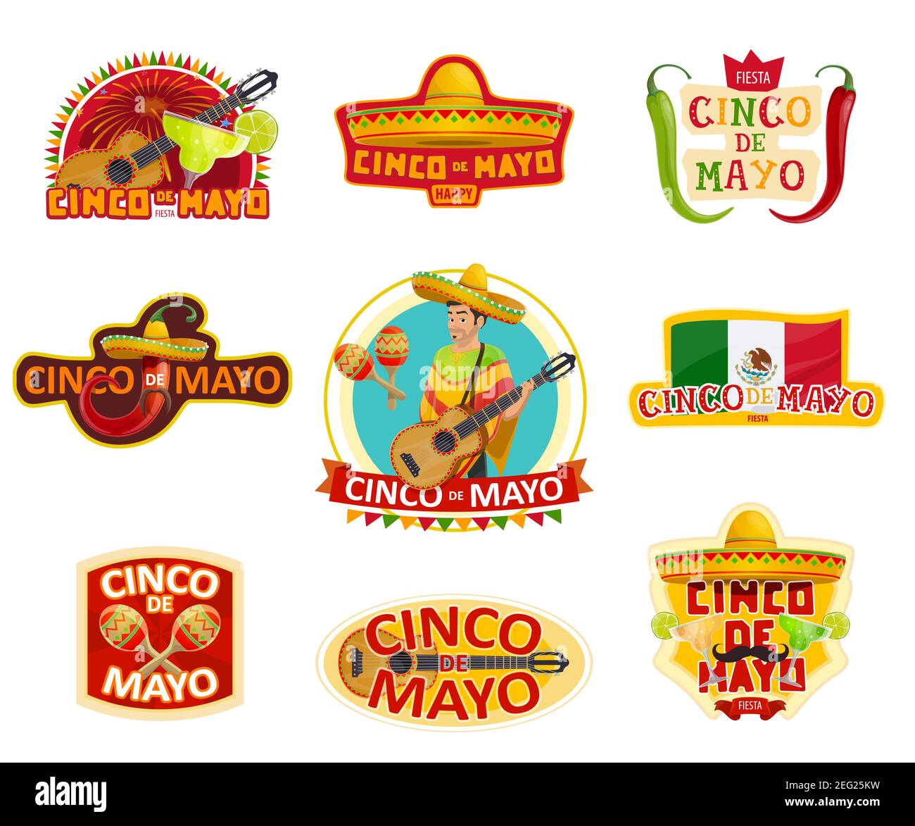 Fête mexicaine pour la fête du Cinco de Mayo. Festival de printemps sombrero, piment et jalapeno, nourriture de fête, boissons et maracas Illustration de Vecteur