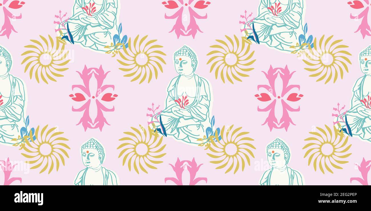 Motif géométrique abstrait circulaire. Fond de répétition vectorielle sans couture. Décoration pastel et calme avec statue de Bouddha. Répéter tout. Design intérieur, style de vie, yoga, méditation, tissu, Décoration d'intérieur. Vignette Vector EPS 10. Illustration de Vecteur