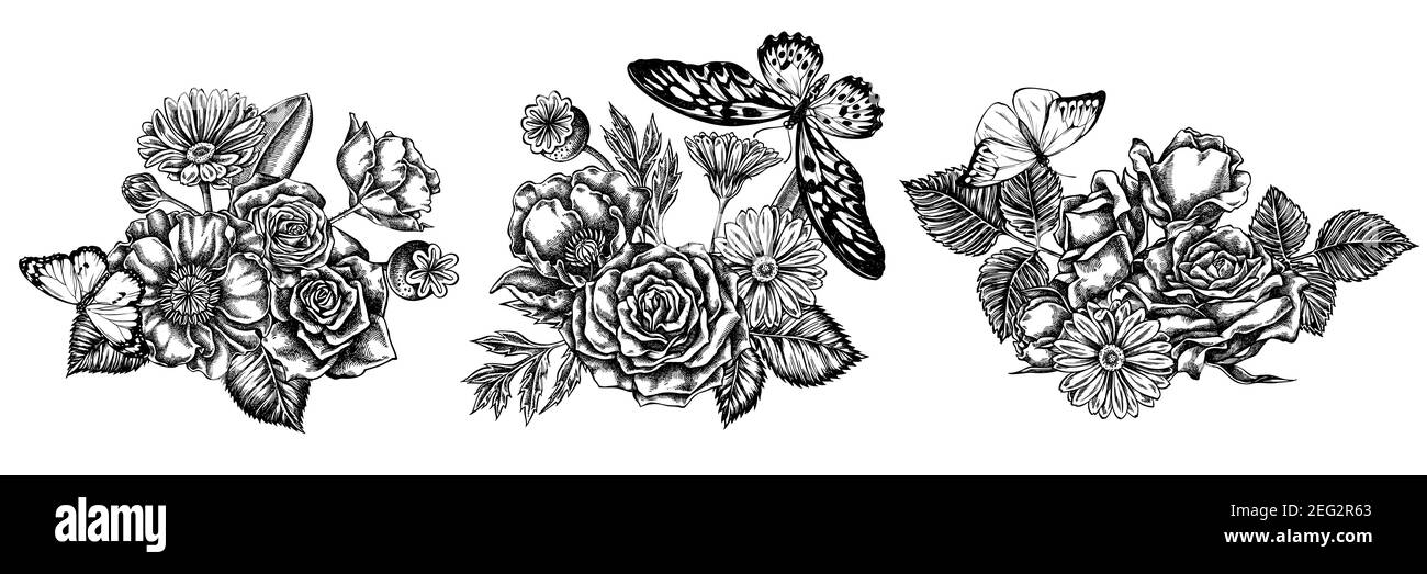 Bouquet de fleurs de coquelicot noir et blanc, calendula, girade géant africain, grand bout orange, tigre Uni, roses Illustration de Vecteur