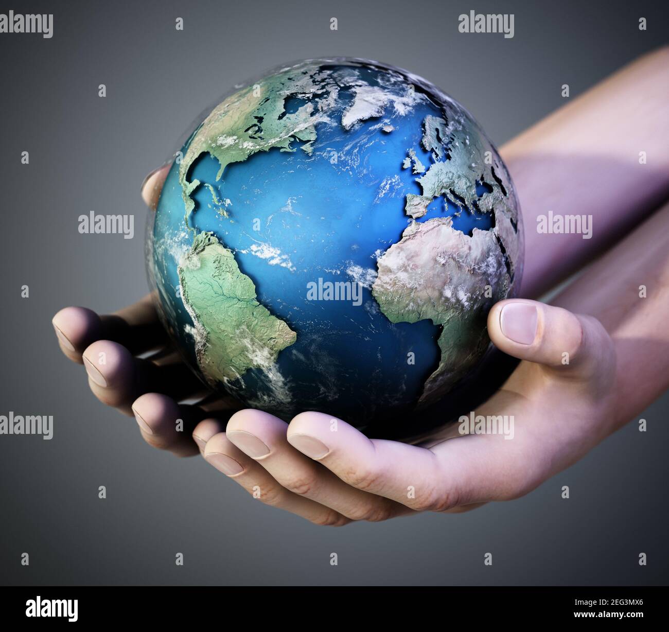Mains tenant un globe sur fond sombre. Illustration 3D. Banque D'Images