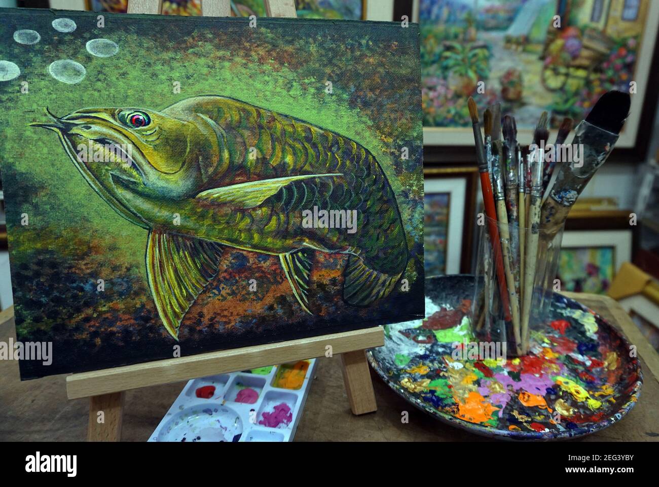 Fait à la main, Art, peinture, couleur de l'huile, de bon augure , poisson d'Arowana, Lucky , pays thaïlandais Banque D'Images