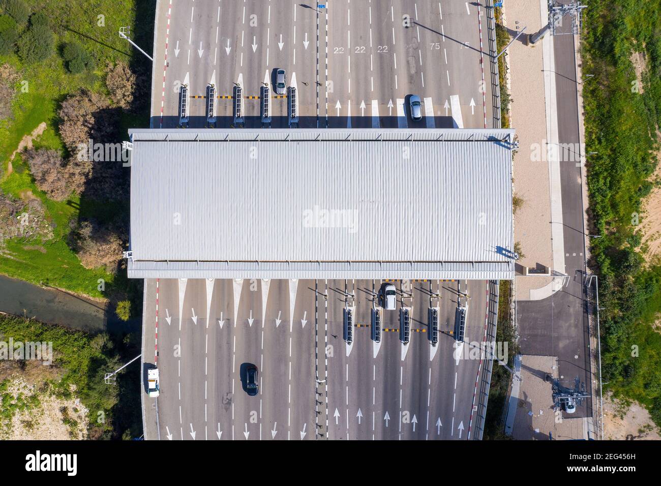 Section de paiement de l'autoroute à péage, vue aérienne. Banque D'Images