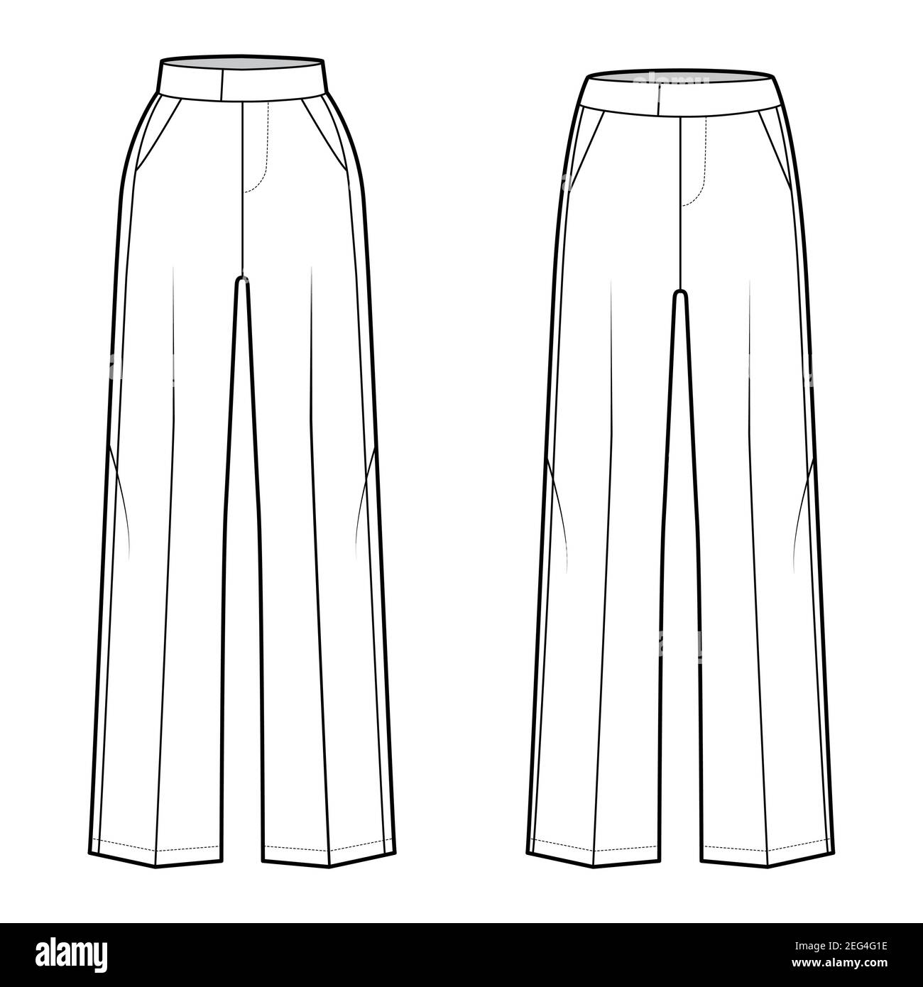 Ensemble de pantalons Tuxedo technique mode illustration avec taille  normale basse, taille, longueur, rayures satinées sur le côté. Pantalon  plat bas modèle de vêtement couleur blanche. Femmes, hommes unisex CAD  maquette Image
