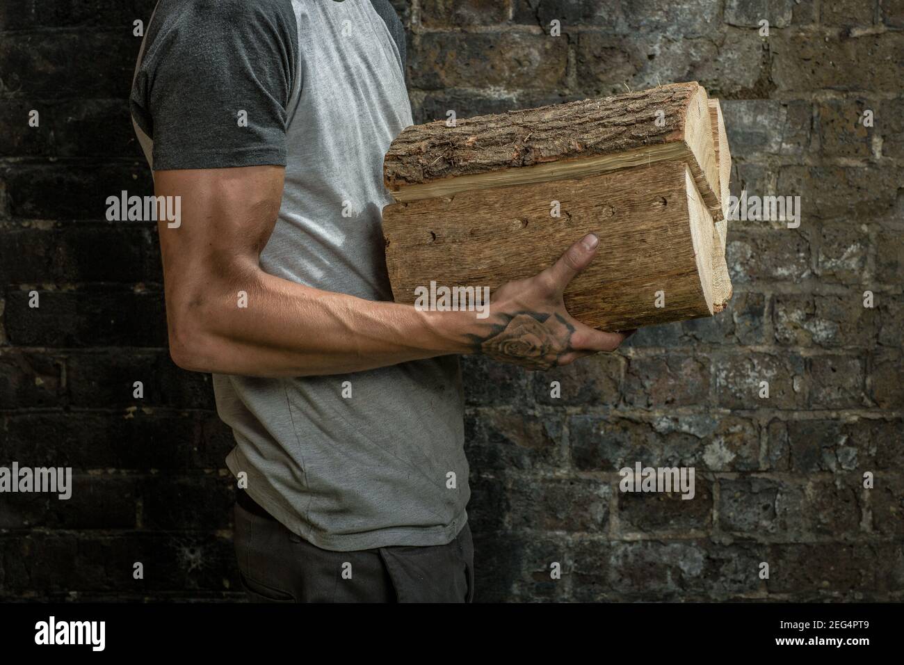 Jeune homme adulte tenant du bois de chauffage Banque D'Images