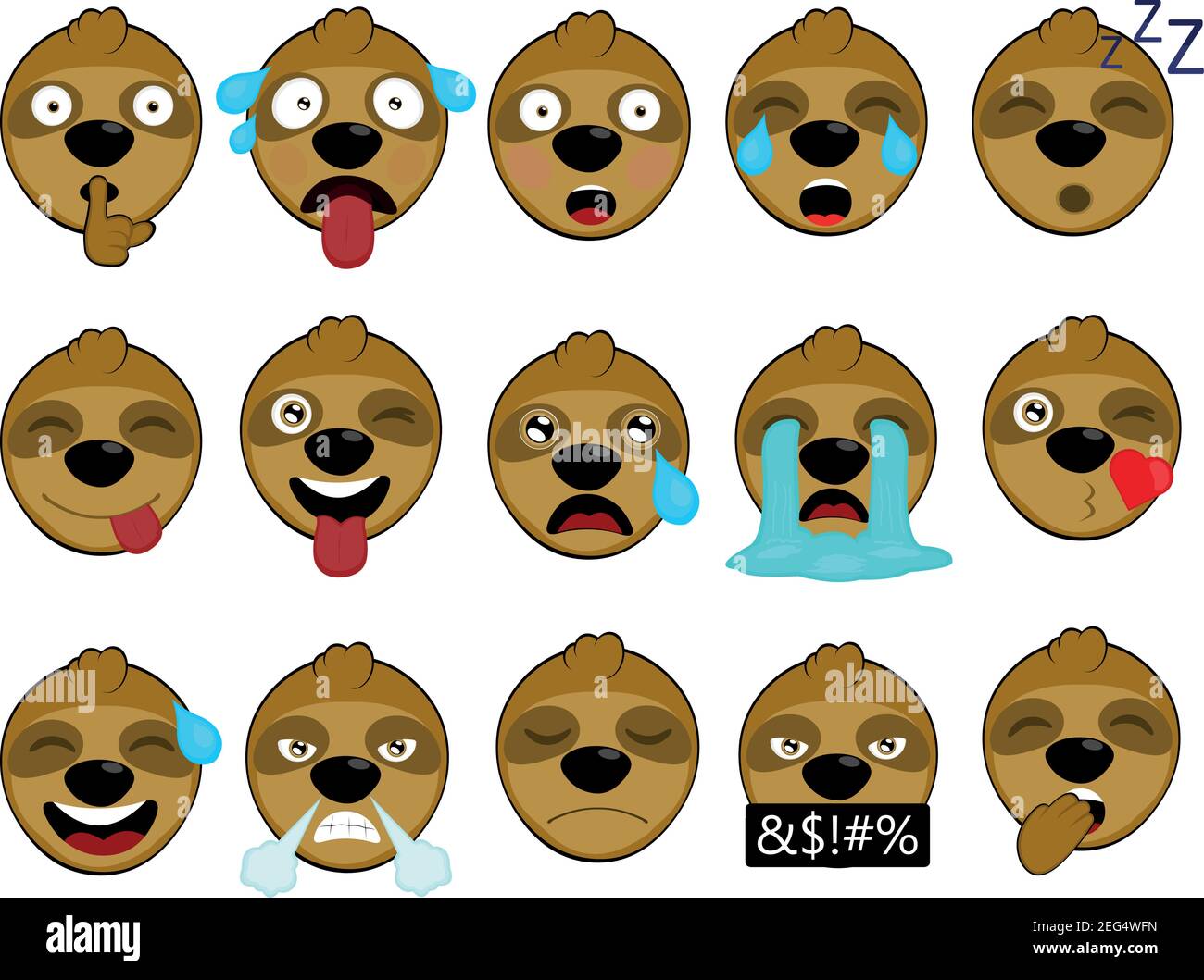 Illustration vectorielle des expressions faciales d'un dessin animé de la sloth Illustration de Vecteur