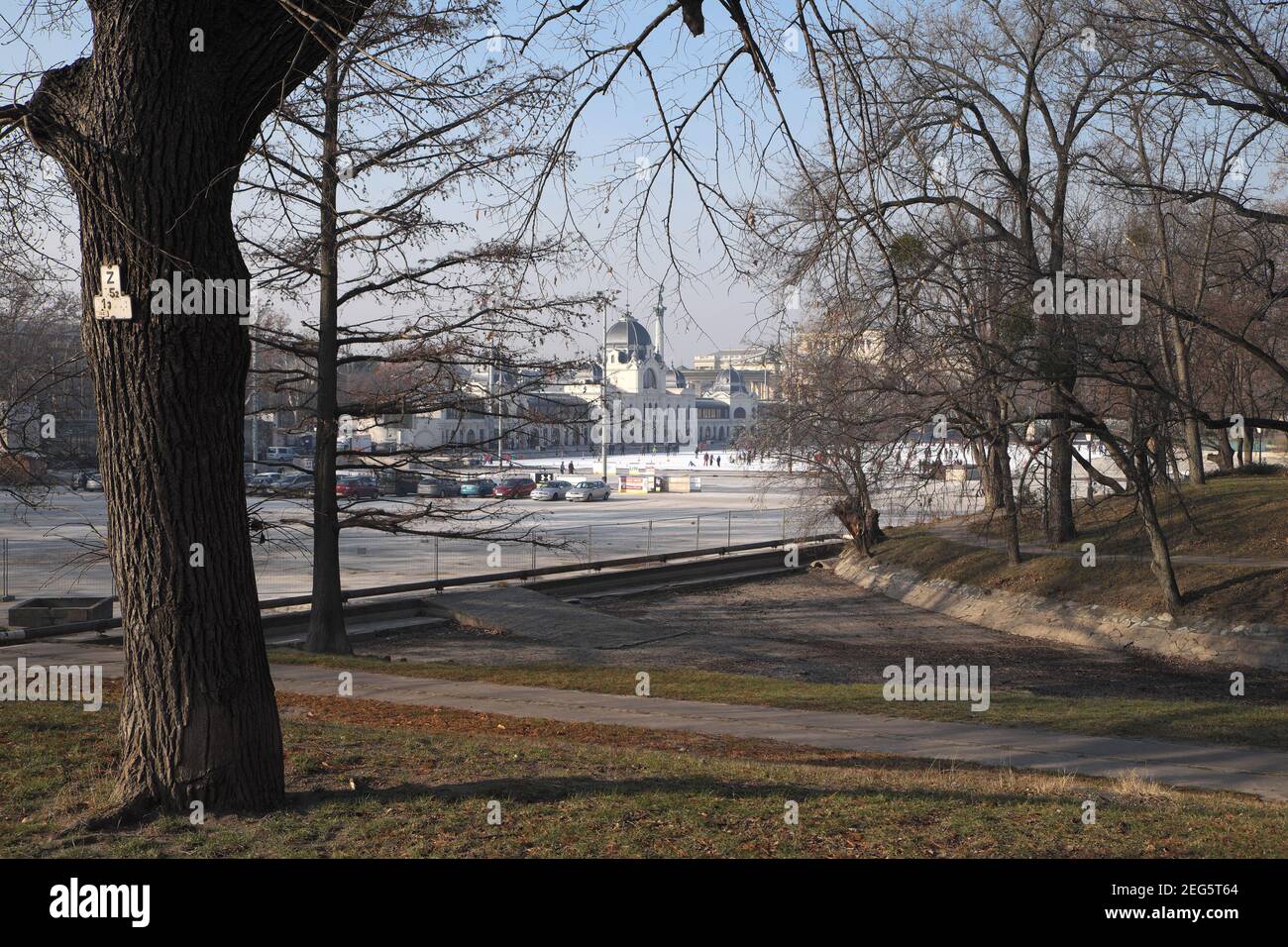 City Park Ice Rink, vue du château de Vajdahunyad, Budapest, Hongrie. Banque D'Images