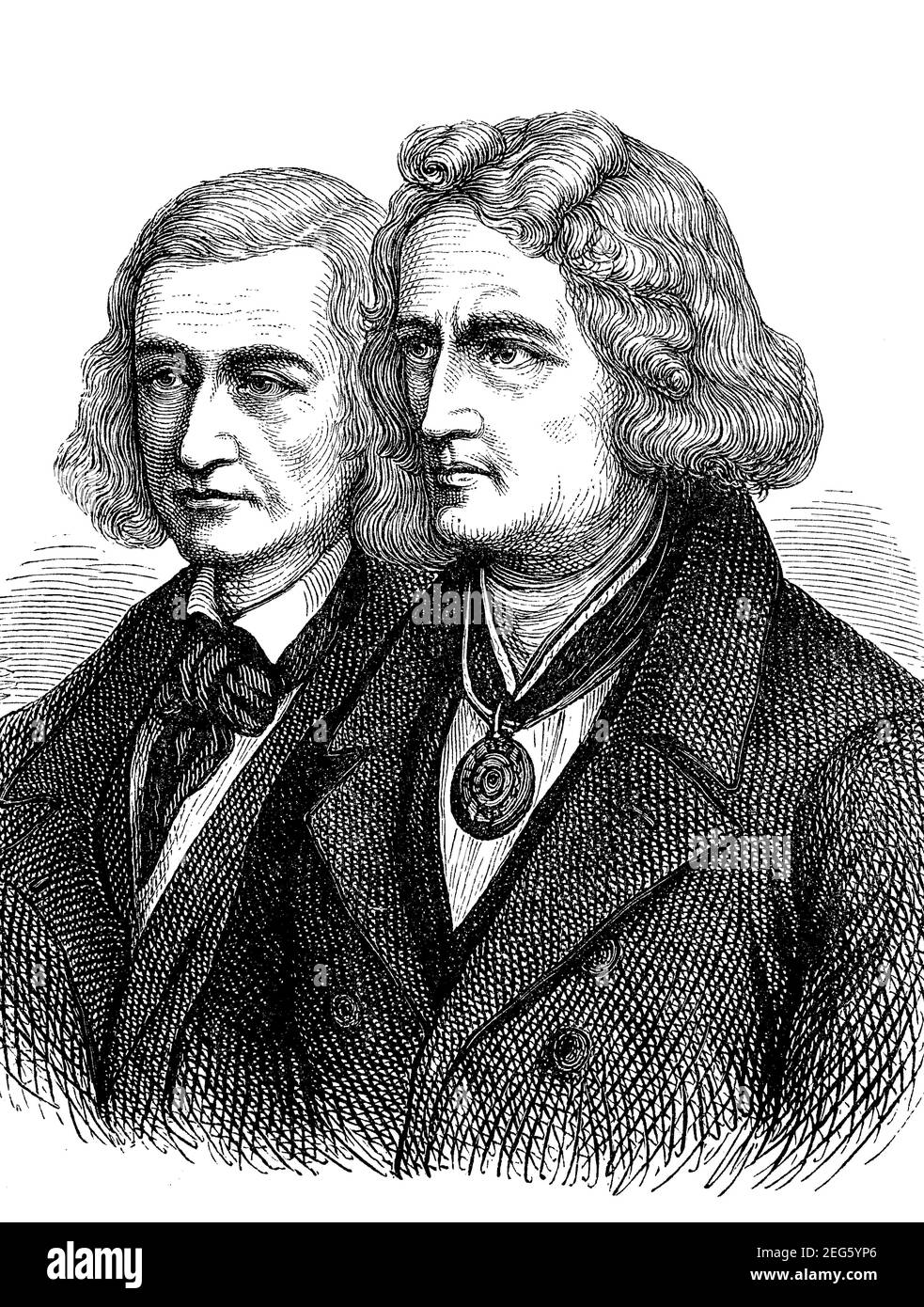 Les linguistes et folkloristes Jacob Grimm (1785-1863) et Wilhelm Grimm (1786-1859) se sont appelés les Frères Grimm lorsqu'ils ont publié ensemble, Tels que leurs contes pour enfants et pour la maison de renommée mondiale et le Dictionnaire allemand / Brueder Grimm nannten sich die Sprachwissenschaften und Volkskundler Jacob Grimm (1785–1863) und Wilhelm Grimm (1786–1859) BEI gemeinsamen Veroeffentlichungen, wie zum Beispiel ihren weltwelten und Wausberisch, Deutscher-Küberen, Waustermäusseren und Aushren, Deutscher, Wausteren, Digital reproduction améliorée d'un original du 19ème siècle / digitale Repr Banque D'Images