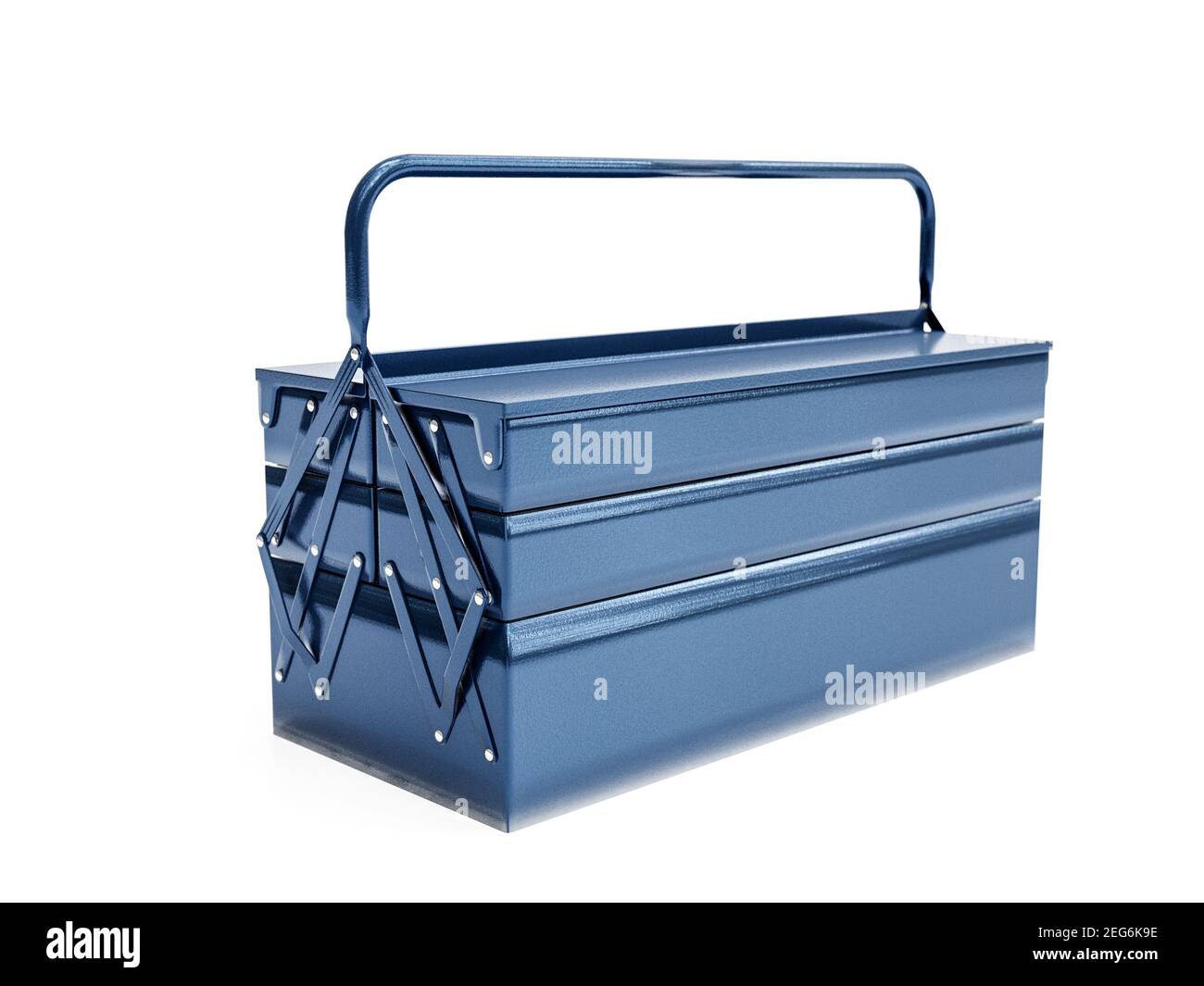 Boîte à outils en métal bleu fermée sur fond blanc Banque D'Images