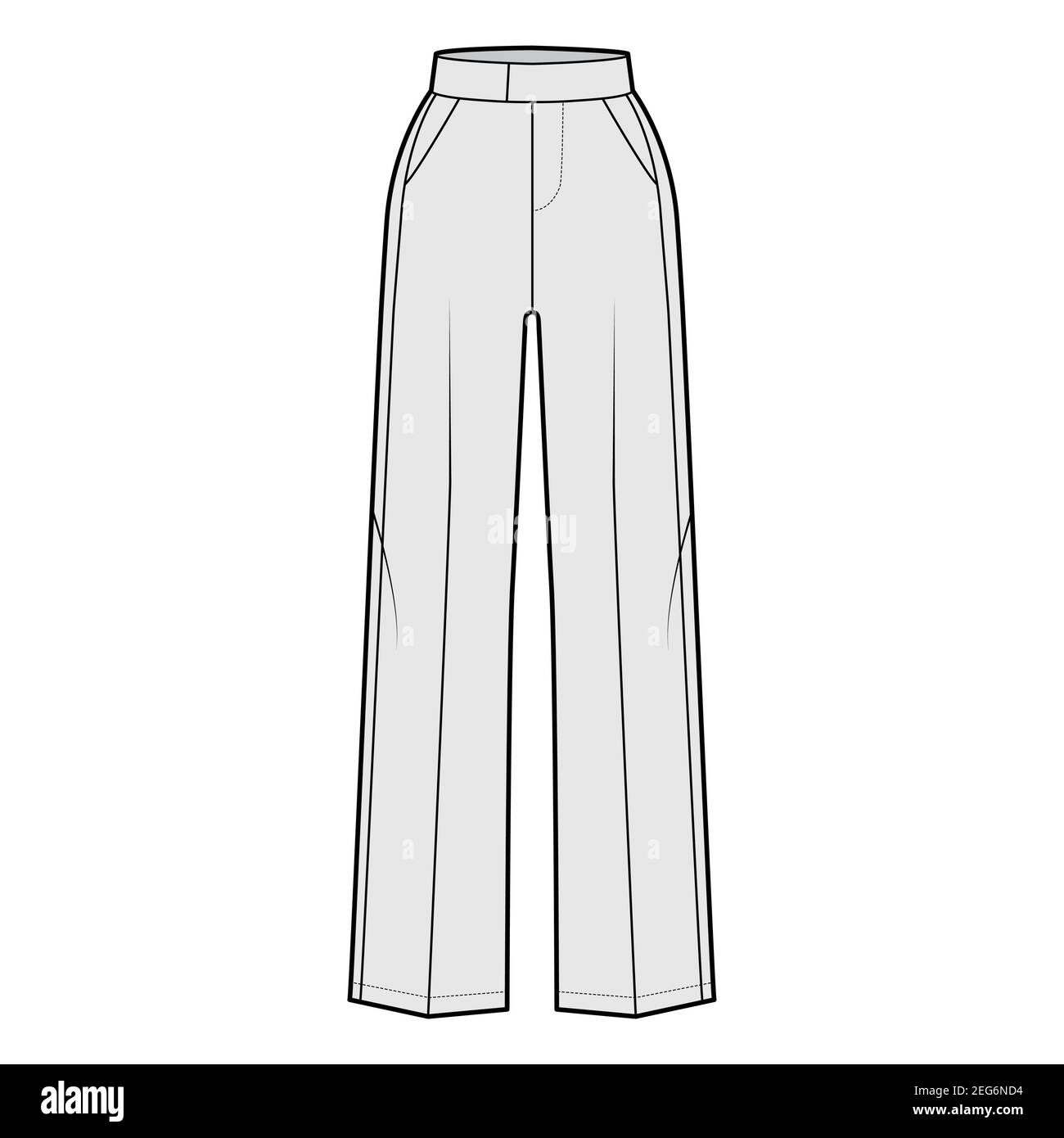 Pantalon tuxedo technique mode illustration avec taille normale étendue,  taille haute, pleine longueur, poches fines, rayures satinées sur le côté.  Modèle de bas de pantalon plat, gris. Maquette CAD pour femmes et