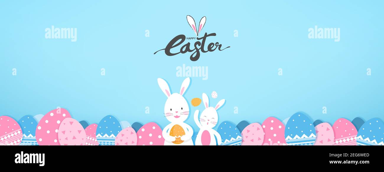 Des lapins mignons et des œufs de Pâques colorés sur une bannière bleu clair arrière-plan Illustration de Vecteur