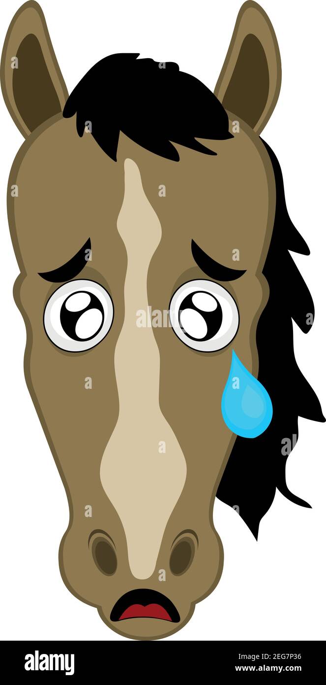 Vecteur emoticon illustration dessin animé de la tête d'un cheval avec une expression triste et pleurant avec une déchirure tombant de son oeil sur sa joue Illustration de Vecteur