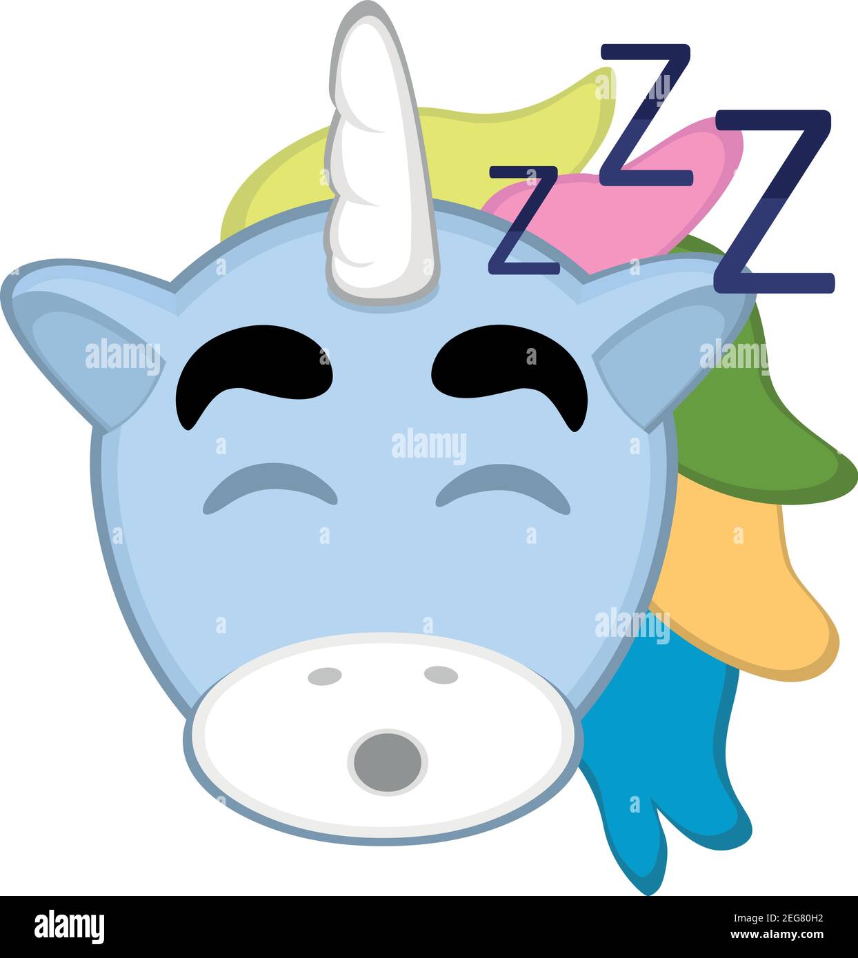 Vecteur émoticône illustration dessin animé d'une tête de licorne avec l'expression fatiguée et ses yeux fermés et ronflant avec sa bouche ouverte, dormir Illustration de Vecteur