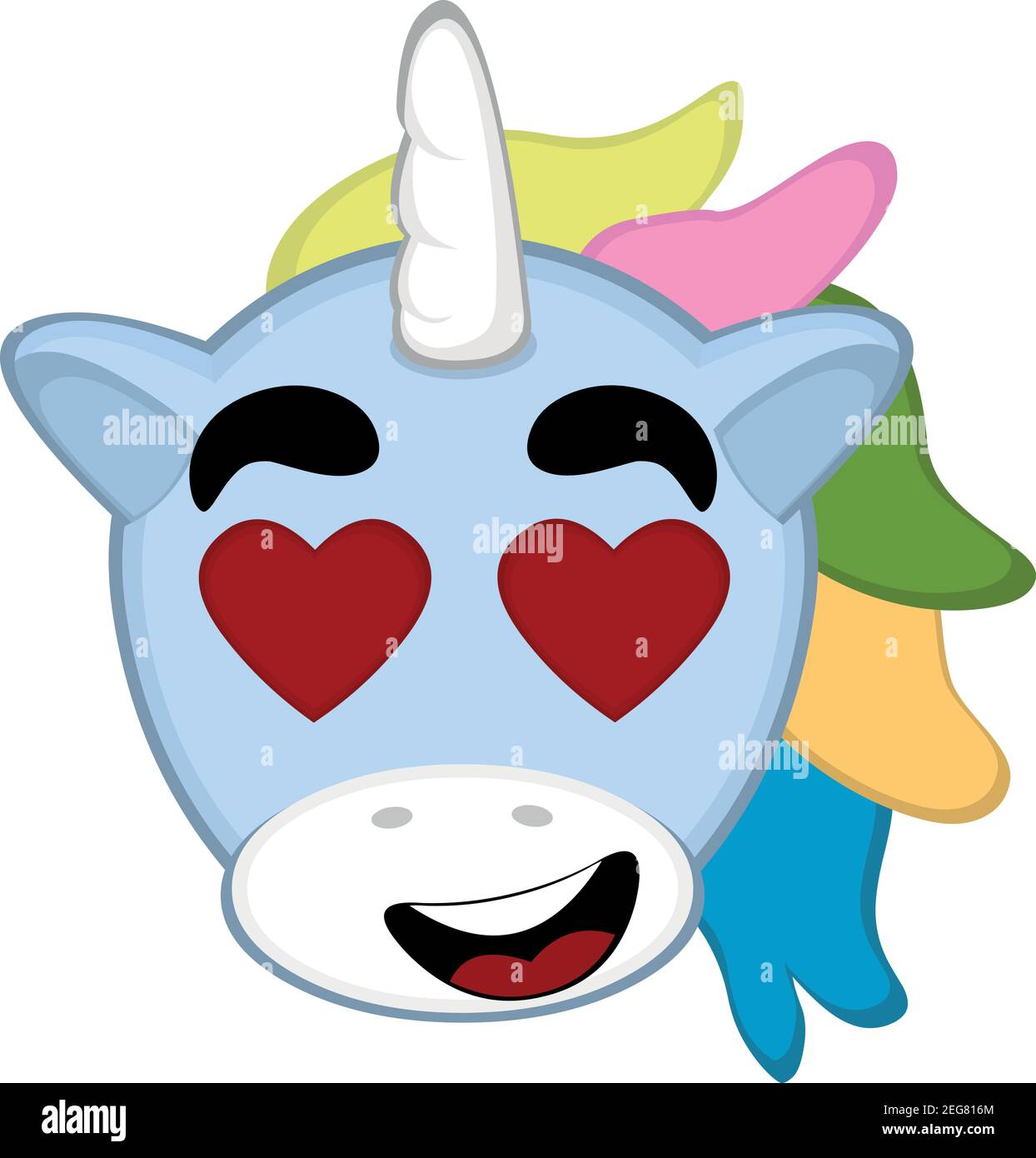 Vecteur émoticône dessin animé d'une tête de licorne avec une expression d'amour et avec des yeux en forme de coeur Illustration de Vecteur