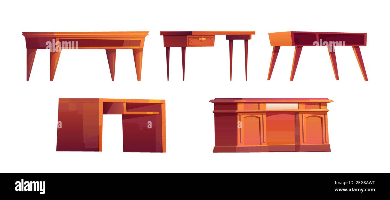 Bureaux en bois vides pour le travail dans un bureau ou une armoire à la maison, isolés sur fond blanc. Ensemble de tables en bois brun à dessin animé vectoriel avec tiroirs et étagères. Mobilier d'espace de travail pour le travail et l'étude Illustration de Vecteur