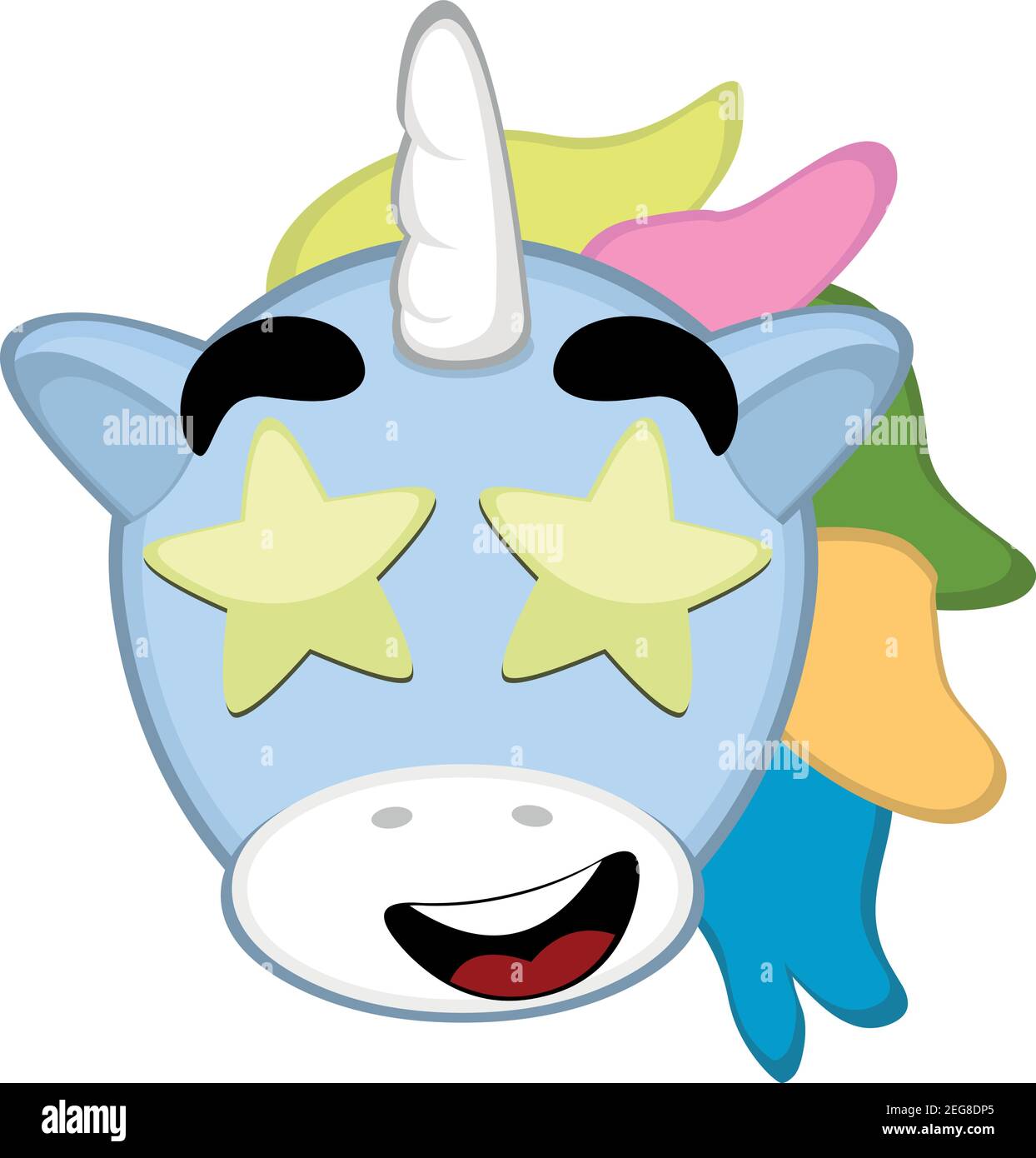 Illustration vectorielle dessin animé de la tête d'une licorne ayant une expression joyeuse, avec des étoiles dans les yeux lumineux Illustration de Vecteur
