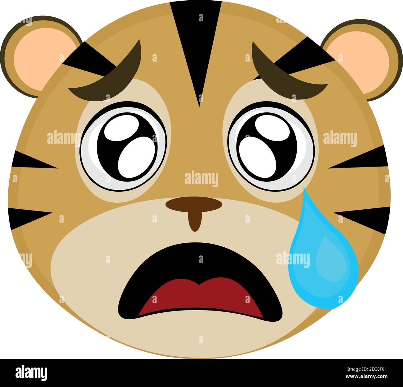 Vecteur émoticône illustration dessin animé d'une tête de tigre avec une expression triste et pleurant avec une déchirure tombant de son oeil sur sa joue Illustration de Vecteur
