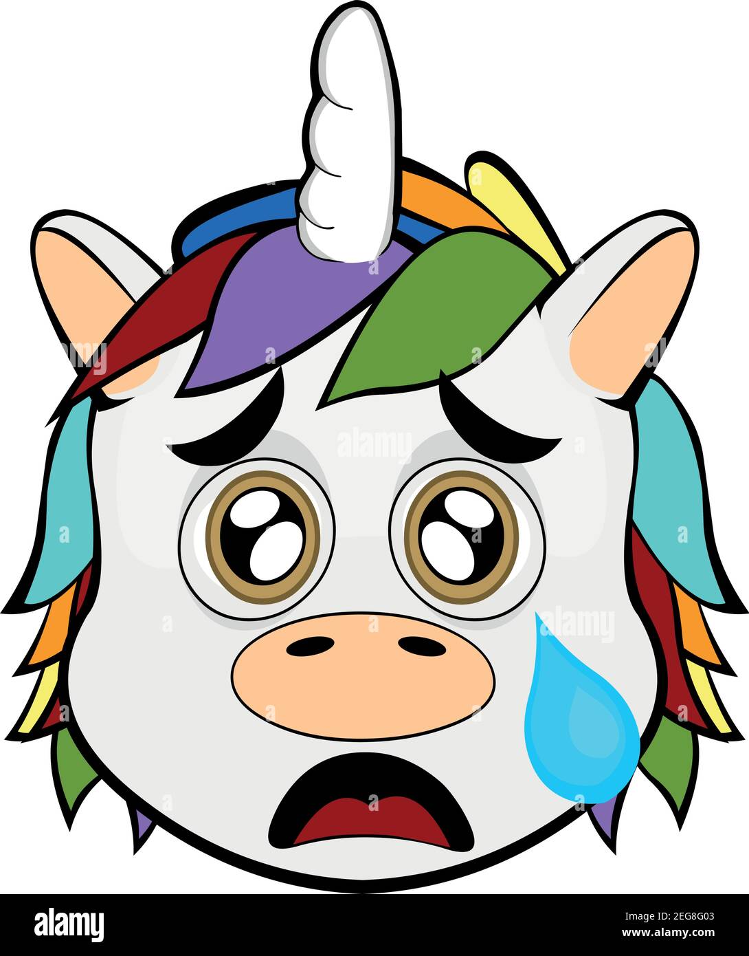 Vecteur émoticône illustration dessin animé d'une tête de licorne avec une expression triste et pleurant avec une déchirure tombant de son oeil sur sa joue Illustration de Vecteur